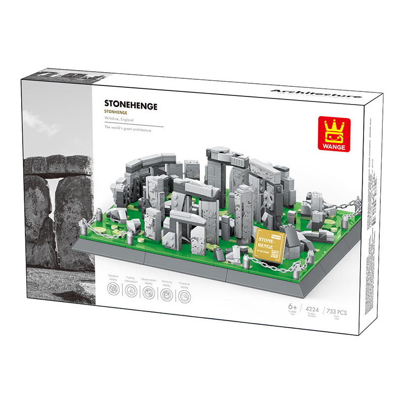 Stonehenge building blocks set in retail packaging box, featuring detailed model preview, 753 pieces set, and compact architectural display design