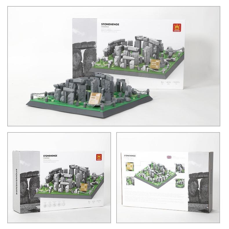 Stonehenge building blocks model with packaging box, showcasing finished display piece alongside retail box, ideal for collection, display, and gifting