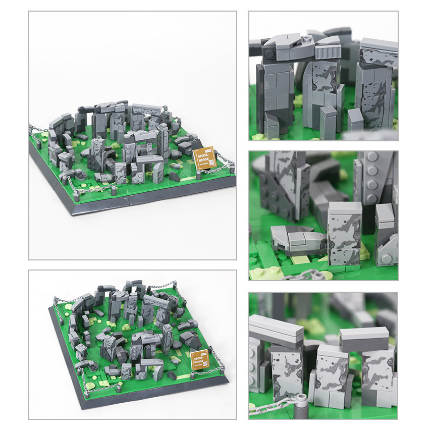 Stonehenge building blocks model collage showing multiple angles and close-up details, featuring textured stone pieces, circular layout, and realistic architectural design