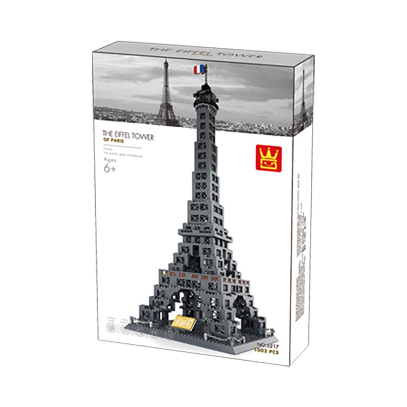 Eiffel Tower Paris France building blocks set in color box packaging, featuring model image, branding, and product details for retail display and gifting