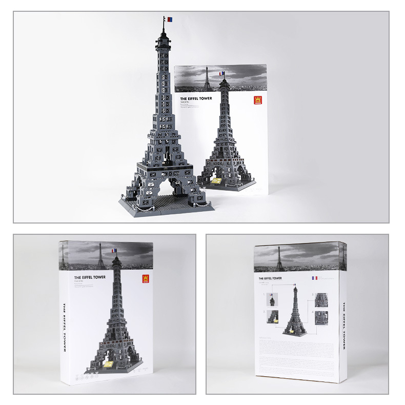 Eiffel Tower building blocks model displayed with color box packaging, showcasing finished build alongside box design for display, storage, and gift presentation