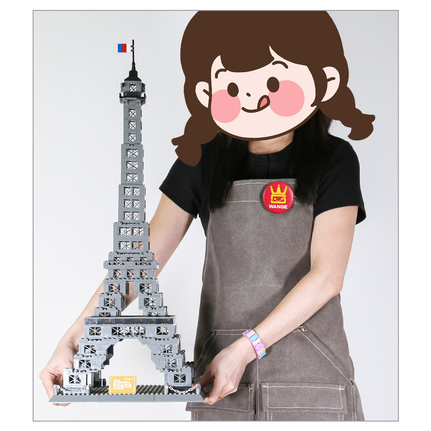 Eiffel Tower building blocks model with detailed lattice structure and tall vertical design, showcasing scale, stability, and display presence after assembly