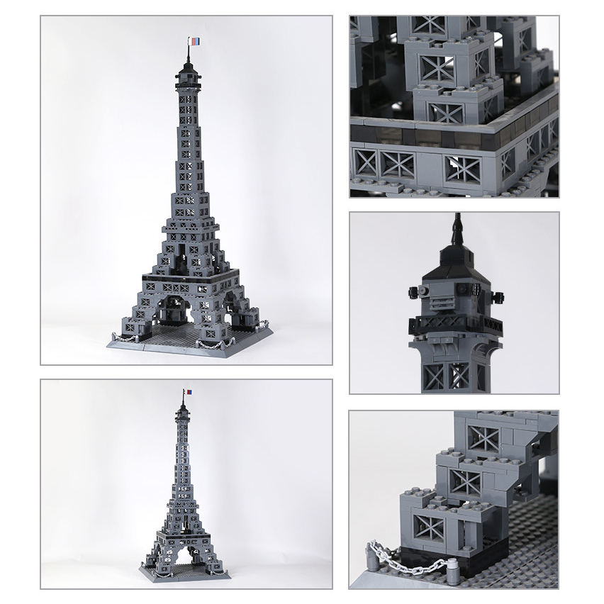 Eiffel Tower building blocks model shown from multiple angles with close-up details of lattice structure, tiered sections, top spire, and base elements highlighting texture and build quality