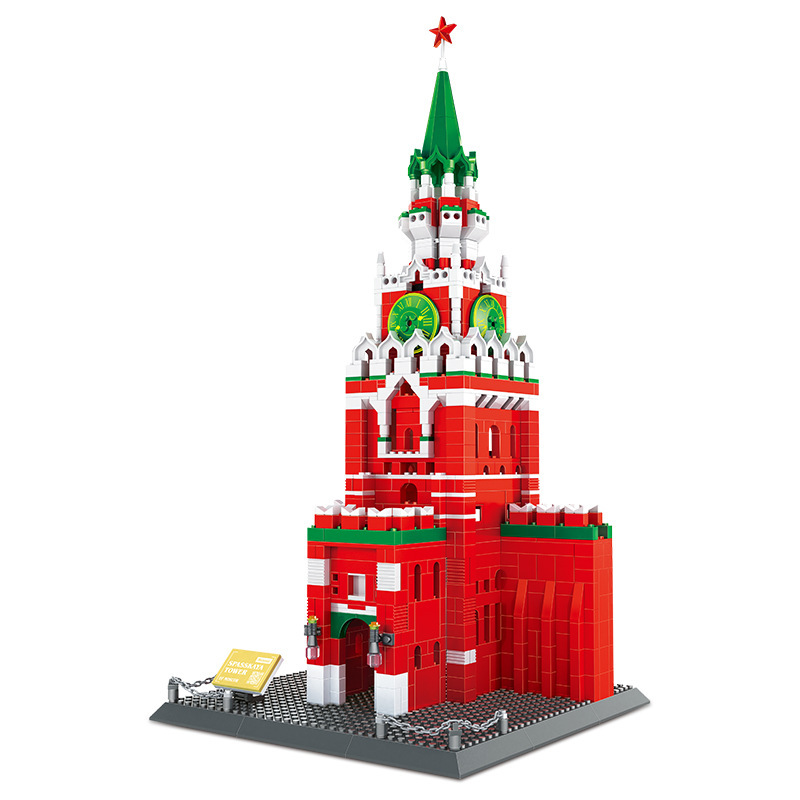 Spasskaya Tower building blocks model with red and white structure, green clock faces, and tall spire, displayed as a detailed architectural piece on base