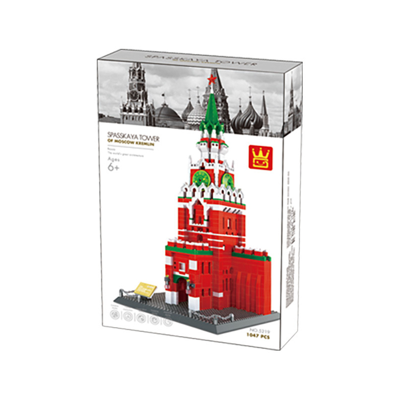 WANGE Spasskaya Tower building blocks set packaging box featuring the Moscow Kremlin clock tower model with product image, branding, and 1047 pieces details