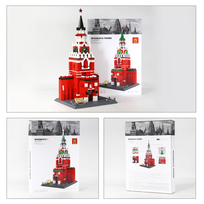 Spasskaya Tower building blocks model displayed with packaging box, showing completed structure, detailed base, and product presentation for display and collection
