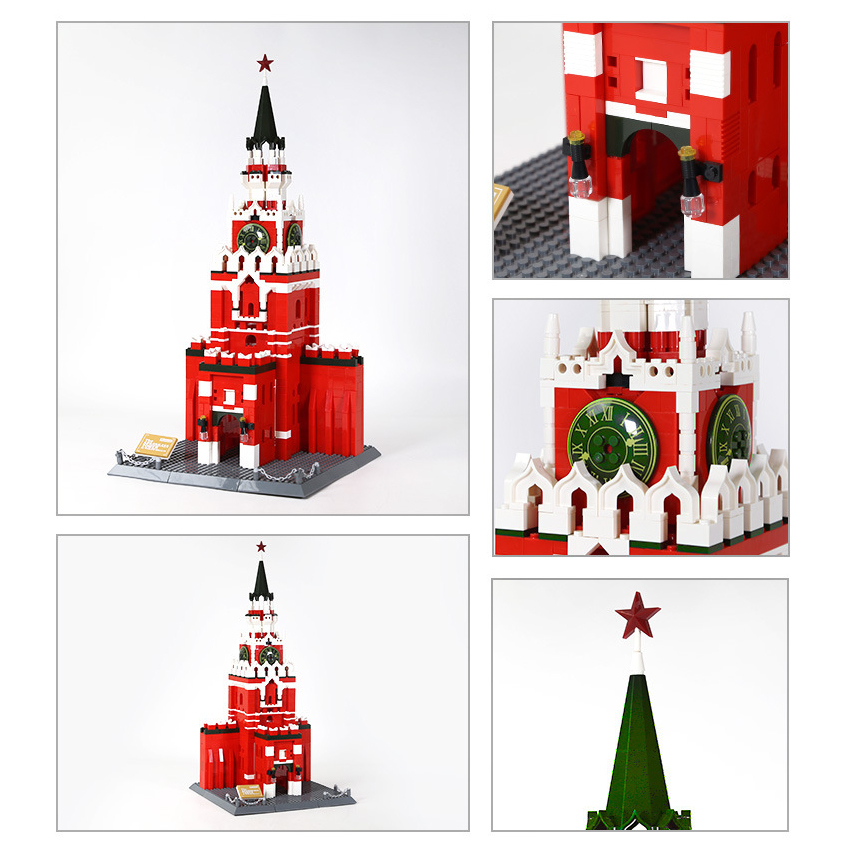 Spasskaya Tower building blocks model with multiple views, highlighting red facade, clock details, entrance arch, and green spire with star