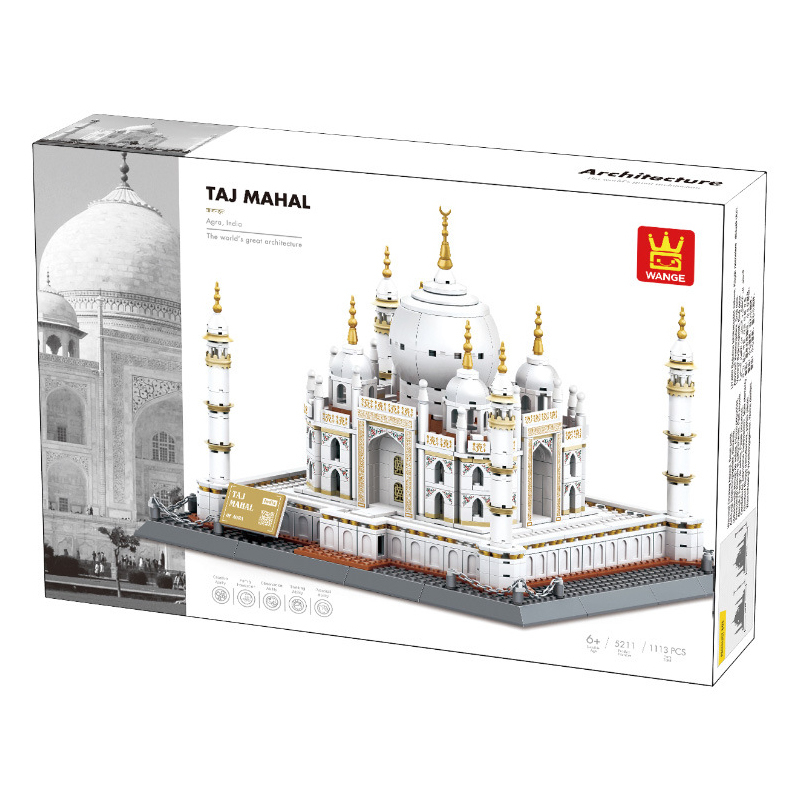 WANGE Taj Mahal building blocks set in color box packaging, featuring detailed model image, architecture series design, and product information for display or gifting