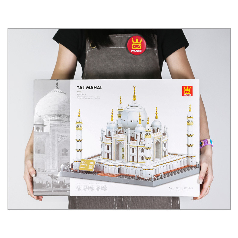 Taj Mahal building blocks set packaging held for size reference, showing large format box design and detailed architectural model presentation