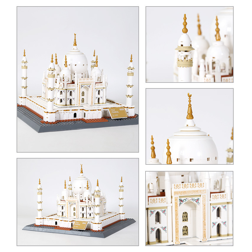 Taj Mahal building blocks model with multiple views and close-up details, featuring domes, minarets, arches, and decorative patterns, highlighting intricate architectural design and craftsmanship