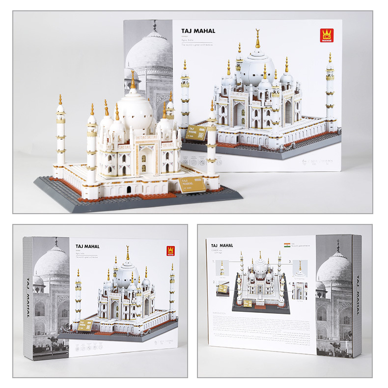 WANGE Taj Mahal building blocks set with completed model and packaging box, showing front and back design, ideal for display, collection, or as a gift set