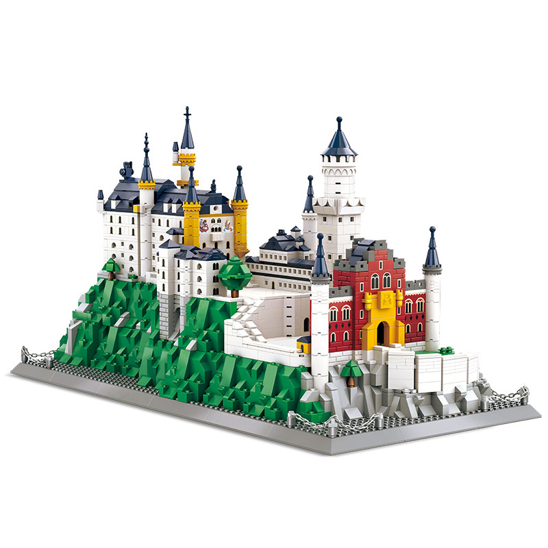Neuschwanstein Castle building blocks model isolated on white background, highlighting intricate spires, textured landscape, and architectural details, ideal for display, collection, or creative building