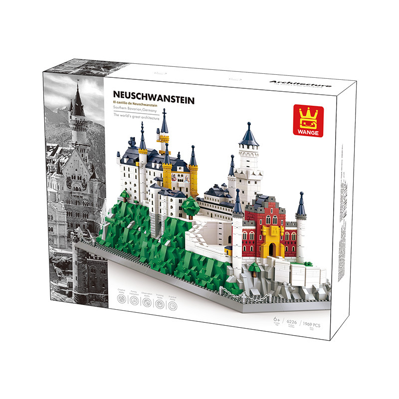 WANGE Neuschwanstein Castle building blocks set packaging box featuring detailed model artwork, product branding, and 1969 pieces architecture set presentation