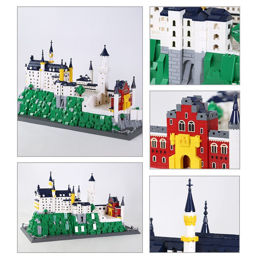 Neuschwanstein Castle building blocks model with multiple views, showcasing detailed towers, textured hillside base, red gate structure, and intricate architectural elements