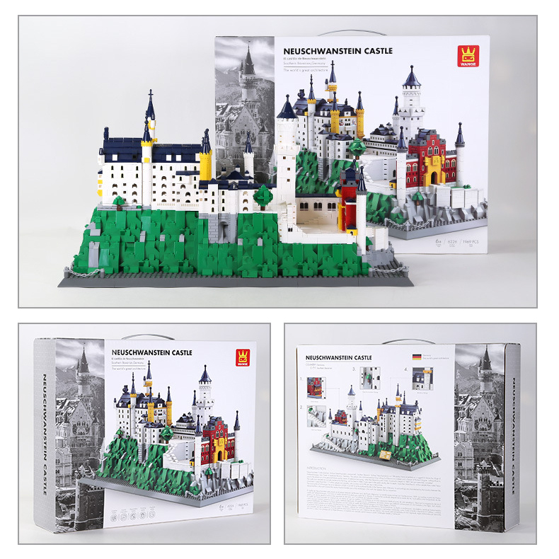 Neuschwanstein Castle building blocks model displayed with packaging box, highlighting complete set presentation, detailed structure, and ideal setup for display or collection