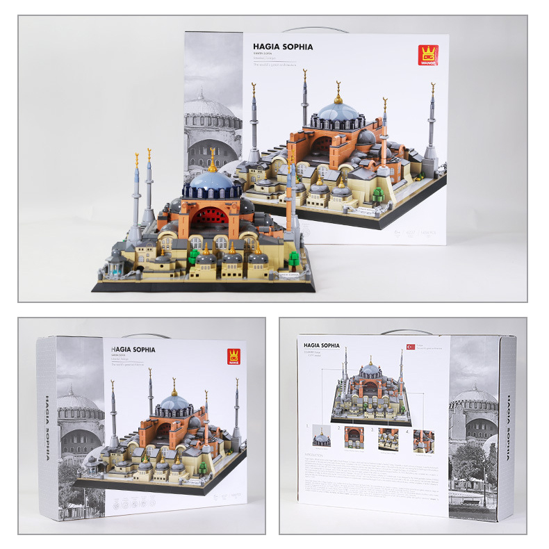 Hagia Sophia building blocks model displayed with packaging box front and back views, highlighting complete set presentation, detailed design preview, and collector-friendly display packaging