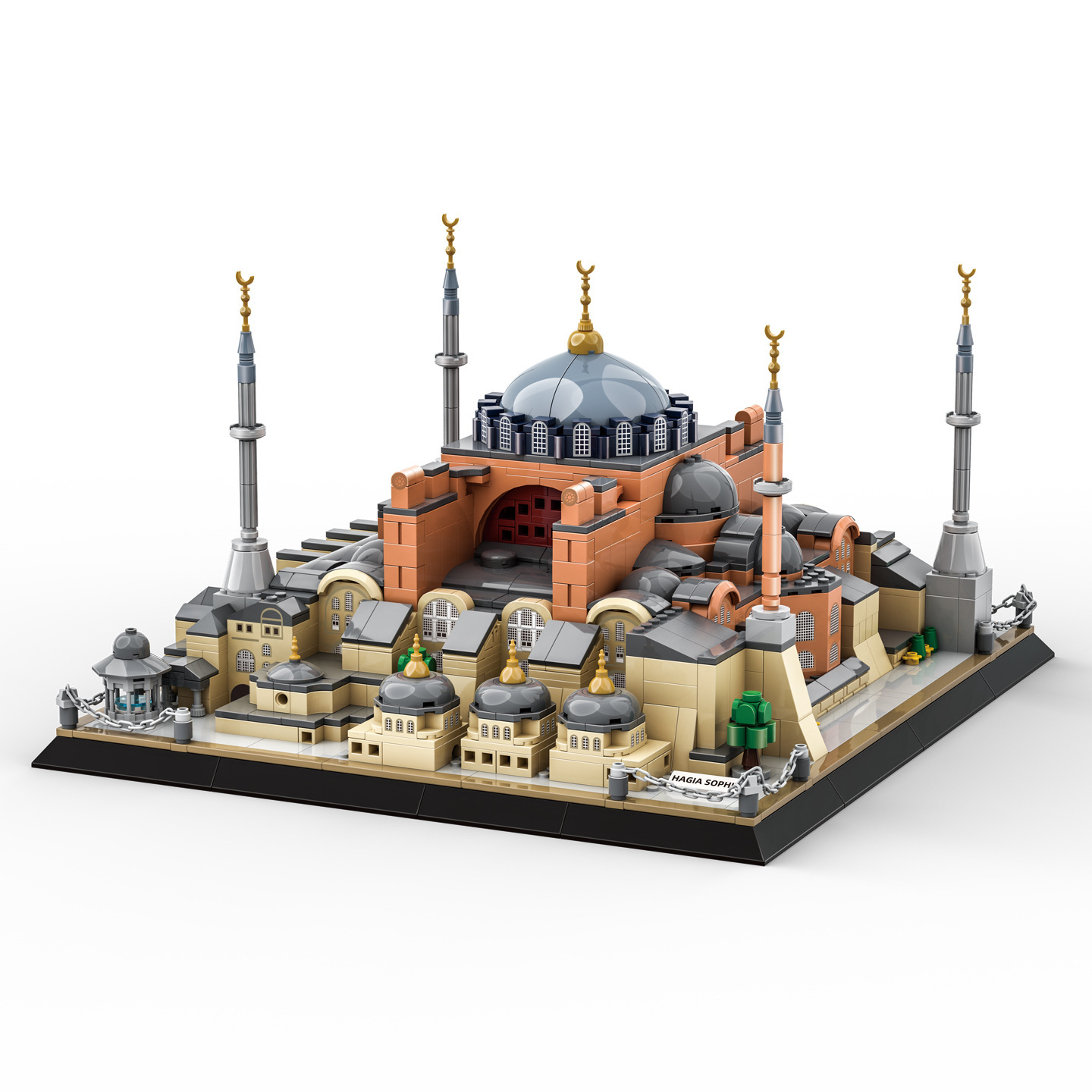 Hagia Sophia building blocks model featuring central dome, surrounding minarets, and layered structure, clean studio view highlighting intricate details and display quality