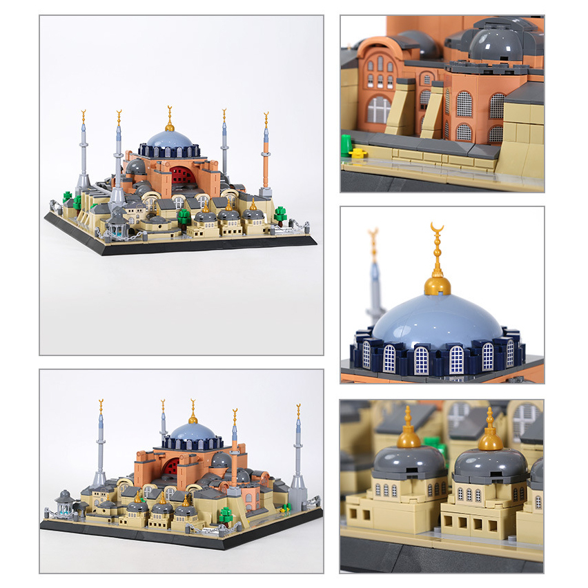 Hagia Sophia building blocks model multi-angle view with detailed close-ups of domes, arches, and minarets, showcasing intricate architectural design and fine brick construction details