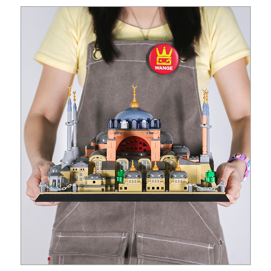 Hagia Sophia building blocks model held for scale display, featuring central dome, minarets, and layered architecture, highlighting detailed craftsmanship and display quality