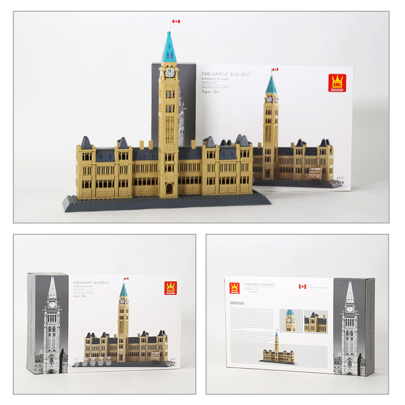 WANGE Parliament Buildings Ottawa Canada building blocks model displayed with packaging box showing completed structure, architectural details, and product presentation