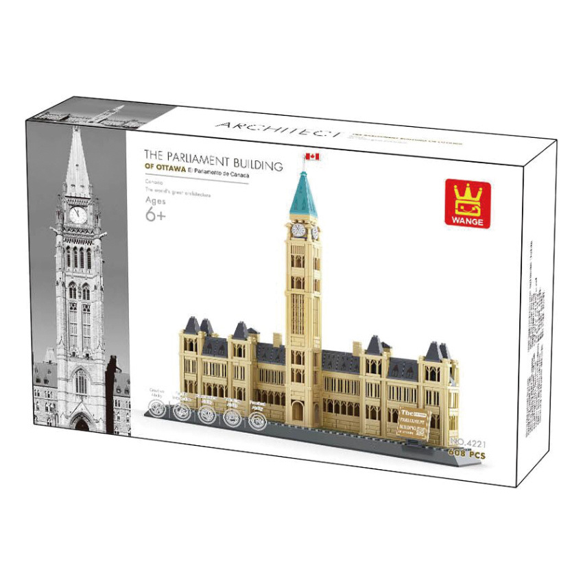 WANGE Parliament Buildings Ottawa Canada building blocks set packaging box showing model design, product details, and 608 piece architecture set presentation