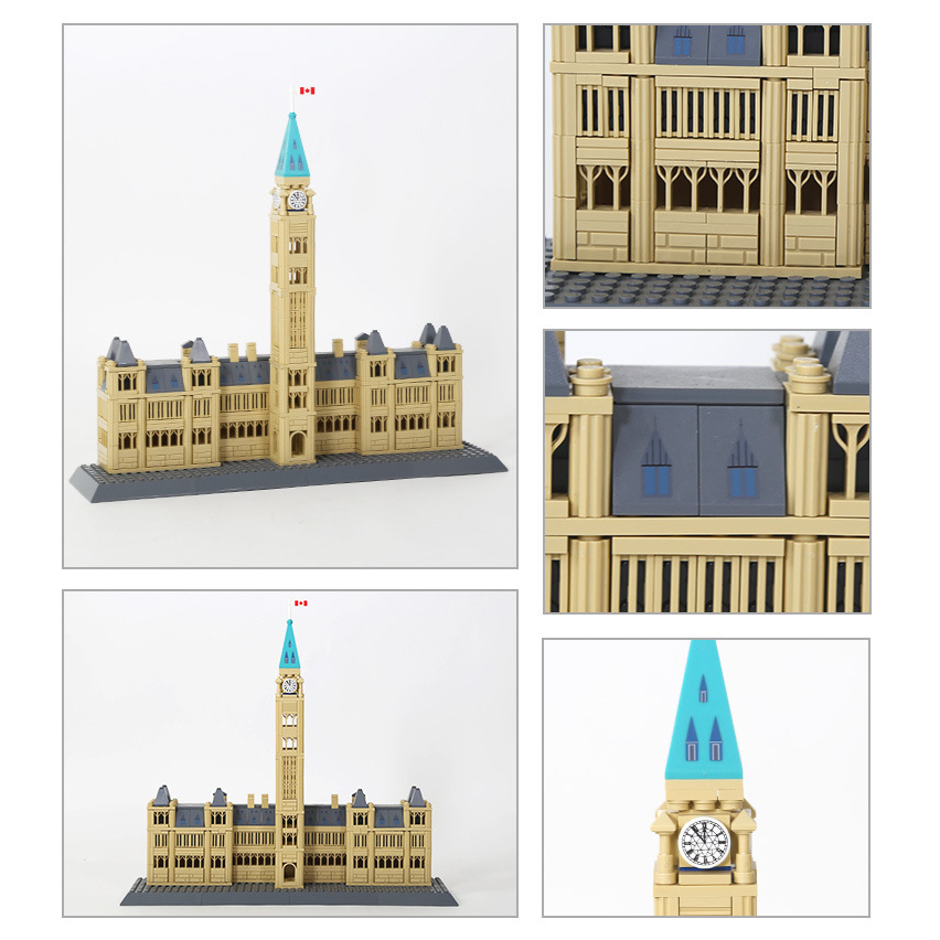 WANGE Parliament Buildings Ottawa Canada building blocks model with detailed facade, windows, roof design, and clock tower close-up showcasing Gothic architecture elements