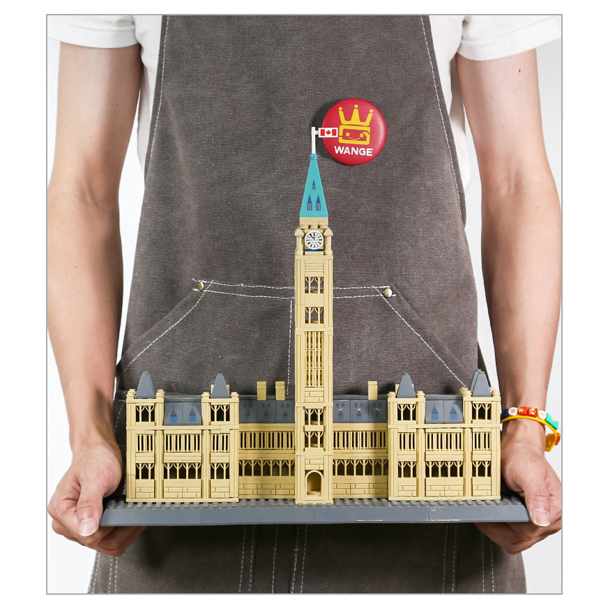 WANGE Parliament Buildings Ottawa Canada building blocks model held for size reference featuring detailed clock tower and Gothic architecture design