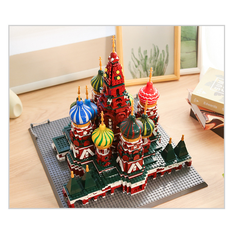 Saint Basil’s Cathedral building blocks model displayed on desk with warm lighting and home decor setting