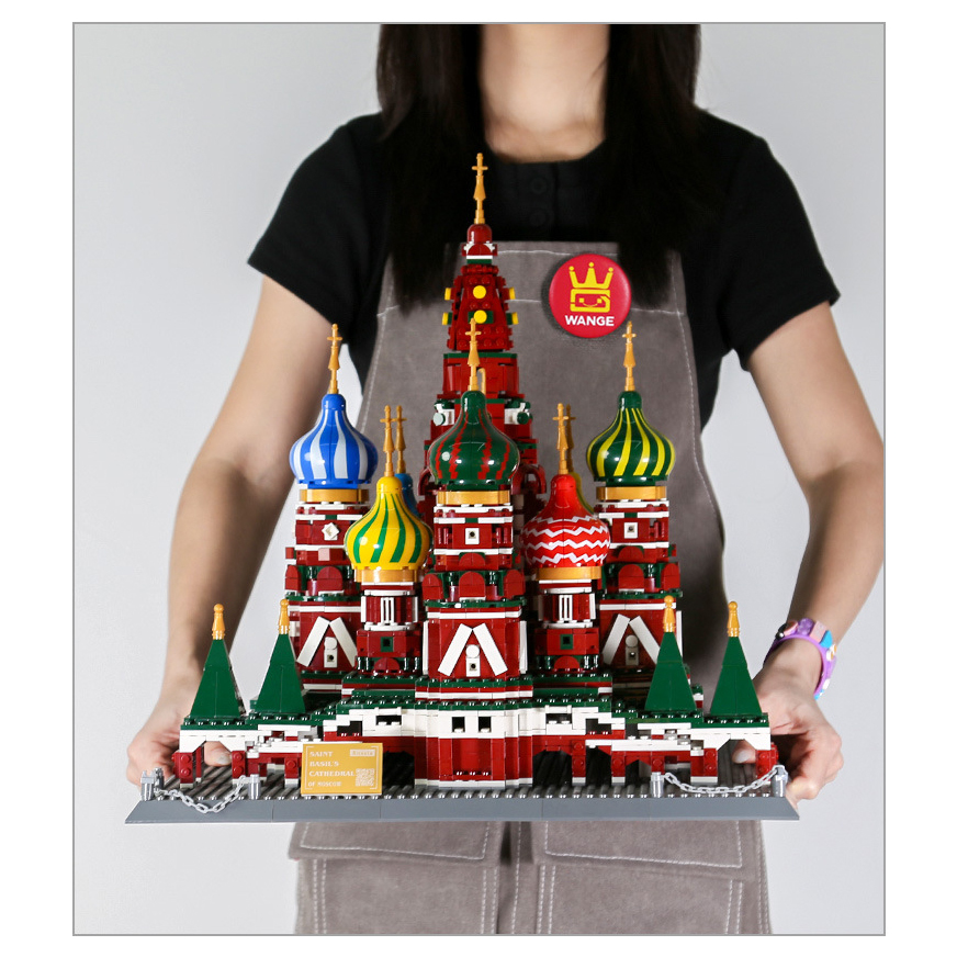Saint Basil’s Cathedral building blocks model held for scale with colorful domes and detailed base