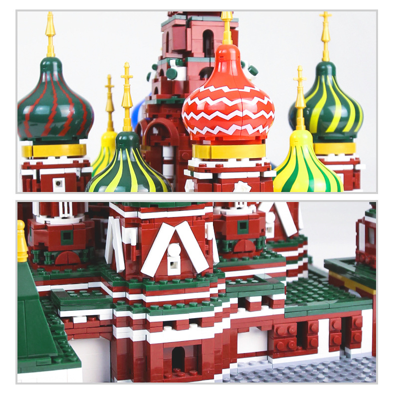 Close-up of Saint Basil’s Cathedral building blocks showing colorful domes and detailed architectural elements
