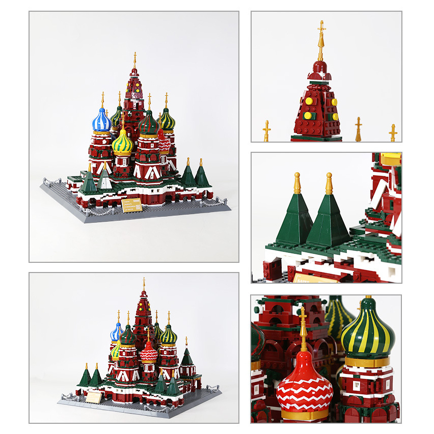 Saint Basil’s Cathedral building blocks model with multiple angle views and close-up details of domes and structure