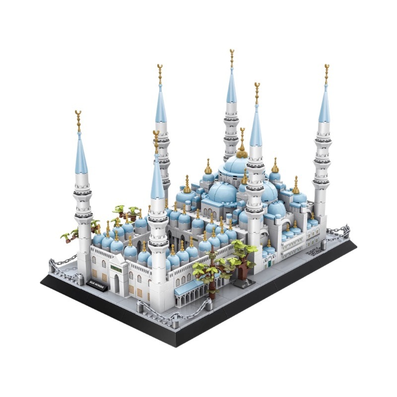 Blue Mosque Istanbul Turkey building blocks model on display base with intricate domes, minarets, and detailed exterior, perfect for collection and decoration