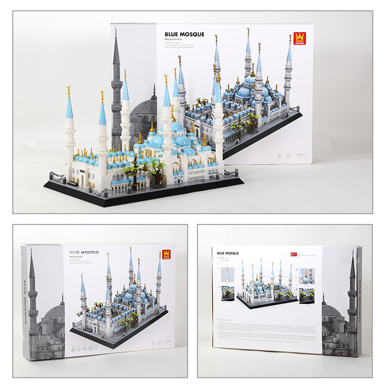 Blue Mosque Istanbul Turkey building blocks model displayed with packaging box, showing completed structure, product design, and box presentation