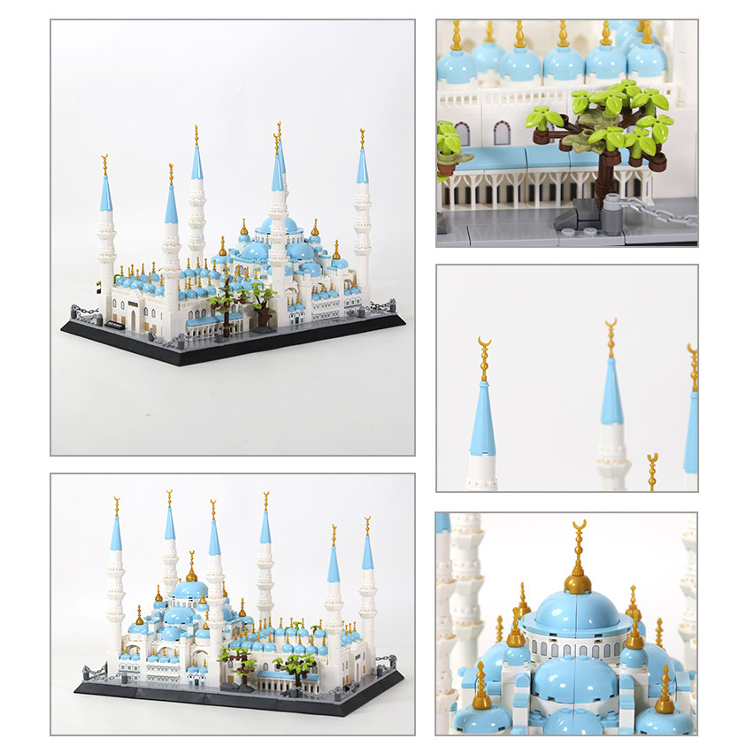 Blue Mosque Istanbul Turkey building blocks model with multiple views, showcasing full structure, domes, minarets, and detailed architectural elements