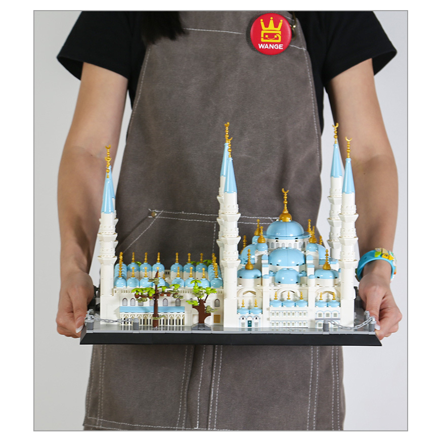 Blue Mosque Istanbul Turkey building blocks model displayed on base, showing full structure scale with domes, minarets, and detailed exterior design