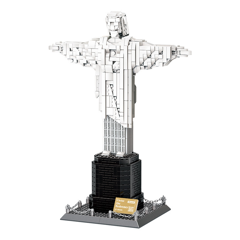 Christ the Redeemer building blocks model full view on display base with clean background, detailed brick design ideal for display and collection