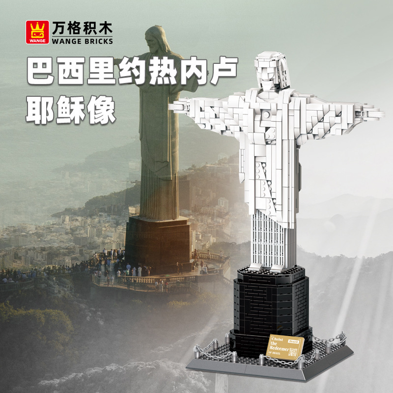 Christ the Redeemer building blocks model on display base with scenic city backdrop, detailed structure and landmark-inspired design for collection and decor