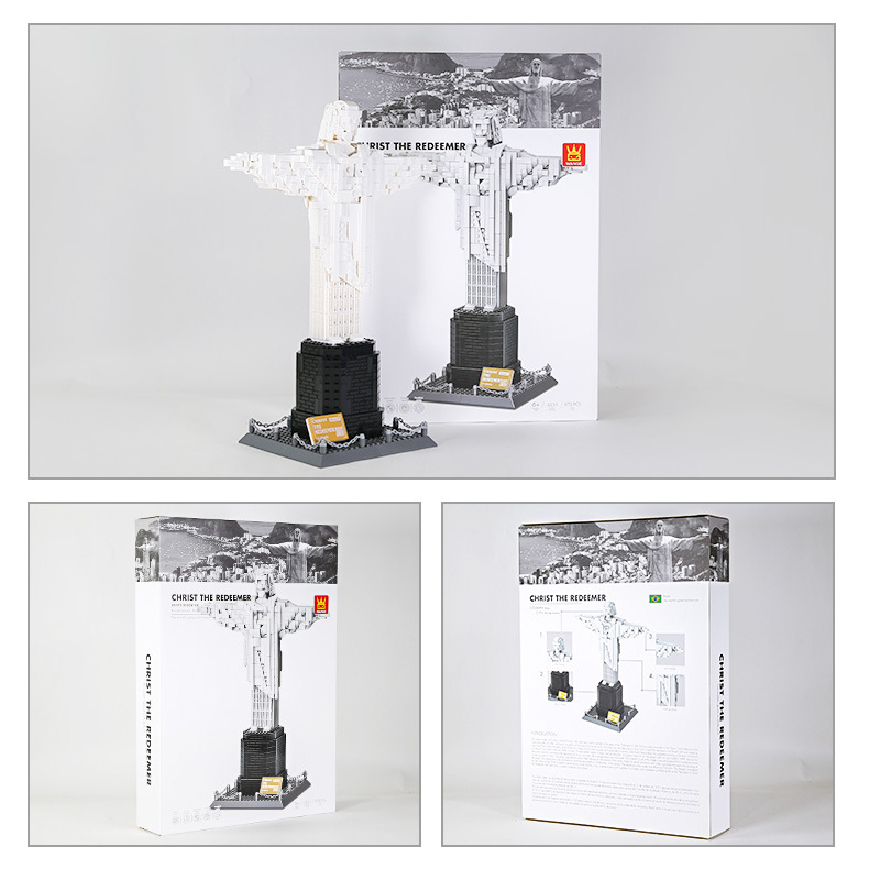 Christ the Redeemer building blocks model displayed with color box packaging, showing completed build, product box front and back for display and gifting