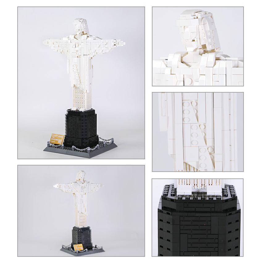Christ the Redeemer building blocks model multi-view collage showing full structure, angled views and detailed brick construction including head, body and base design