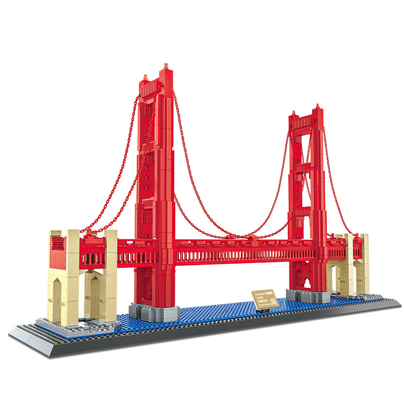 Golden Gate Bridge building blocks model with red towers, suspension design, and blue base, showcasing detailed structure for display, collection, or building enjoyment
