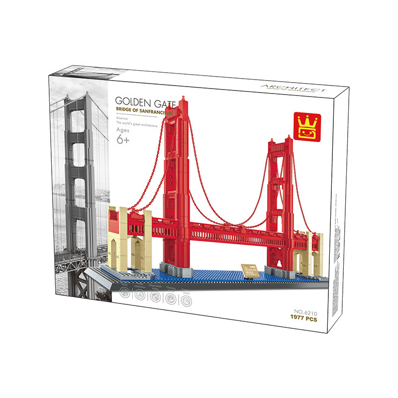 Golden Gate Bridge building blocks set packaging showing the completed model design, 1977 pieces, and architectural series presentation in a clean box layout