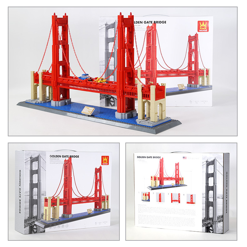Golden Gate Bridge building blocks model displayed with packaging box, highlighting completed structure, vibrant red towers, and collectible architectural set presentation