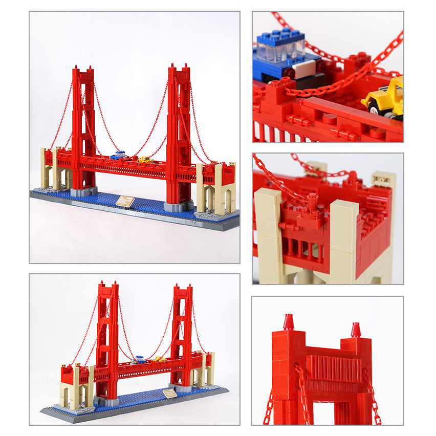 Golden Gate Bridge building blocks model with detailed suspension cables, tower structures, roadway, and base, showcasing close-up construction features and intricate architectural design