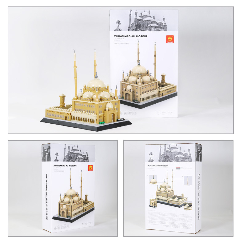 WANGE Muhammad Ali Mosque Cairo Egypt building blocks set with completed model and packaging box, showcasing front and back views, product design, and display presentation