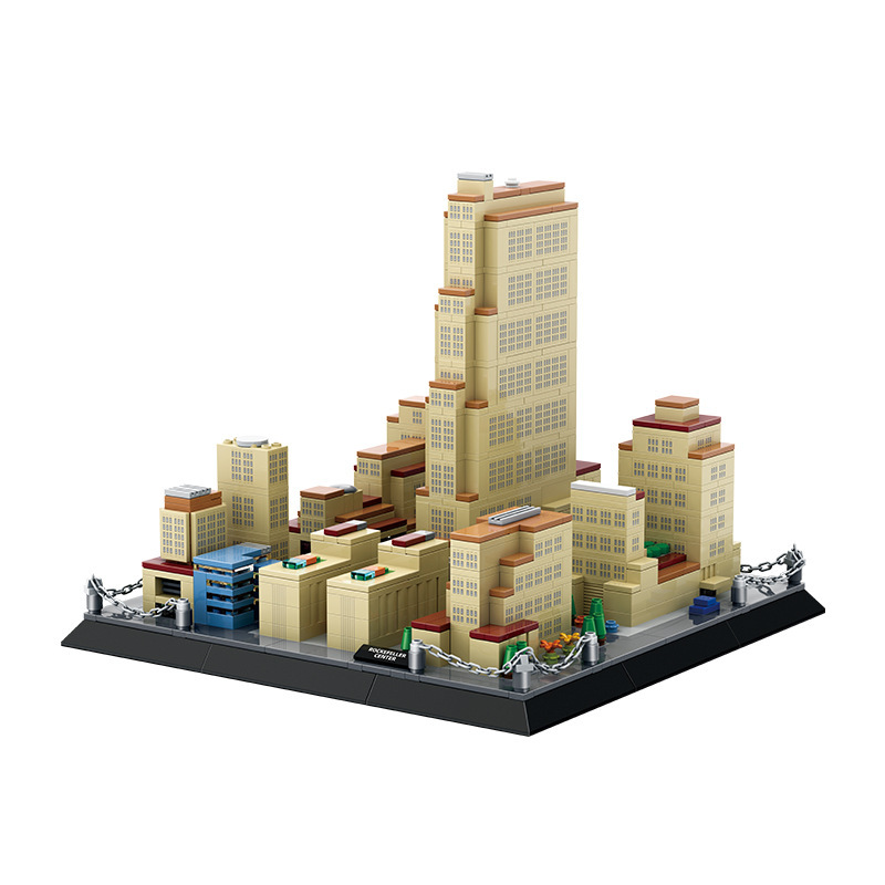 Rockefeller Center New York building blocks model with central tower and surrounding structures on a display base, highlighting clean lines and detailed architectural design