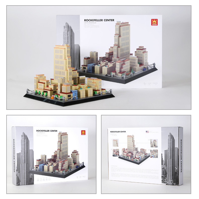 Rockefeller Center New York building blocks model with packaging box, showcasing completed structure, box design, and product presentation for display and gifting