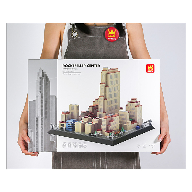 Rockefeller Center New York building blocks set box shown at full scale, highlighting large packaging size and detailed model illustration for gifting and display