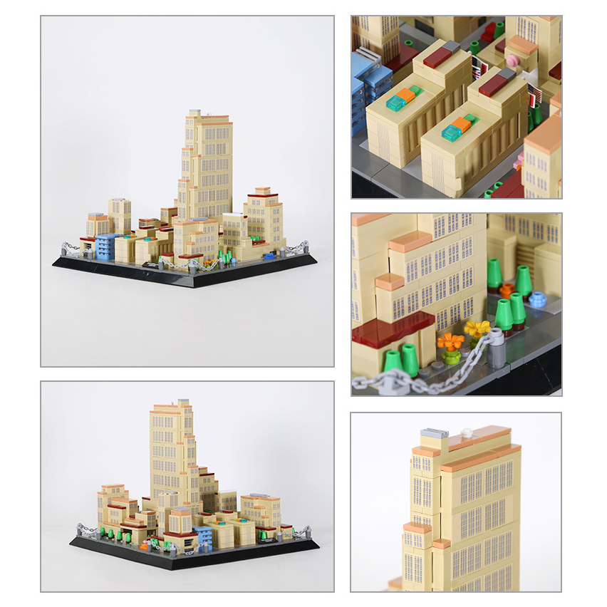 Rockefeller Center New York building blocks model collage showing multiple angles, close-up details, textured facades, rooftop elements, and surrounding layout design