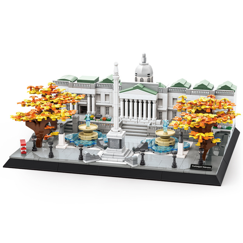 WANGE Trafalgar Square building blocks set featuring detailed architecture, fountains, and trees, ideal for display on desks or shelves