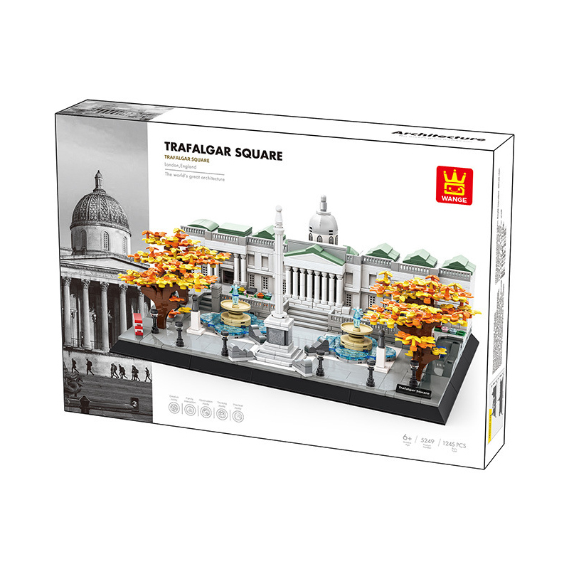 WANGE Trafalgar Square building blocks color box packaging featuring London landmark model with architectural details and set information